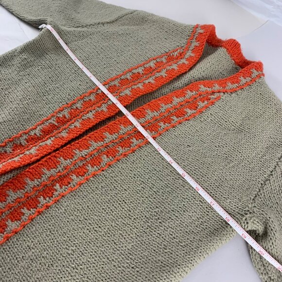 Hand Knit Cardigan Beige w/ Orange Geometric Design Open Front 3/4 Sleeves VTG - Picture 5 of 6